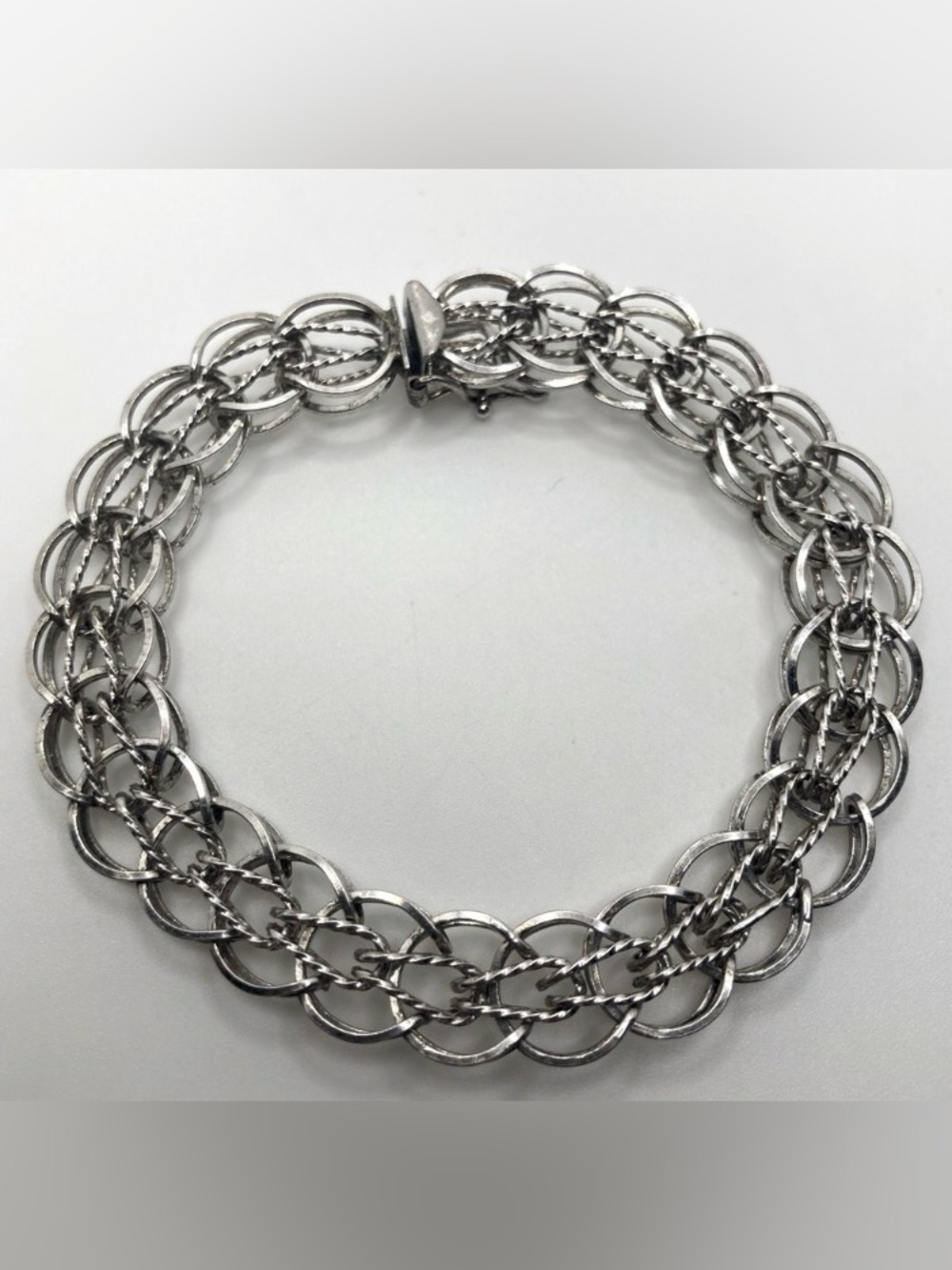 Vtg Sterling Silver Woven Link Charm Bracelet Slide Lock Clasp 7.2” L .5” W 14 g